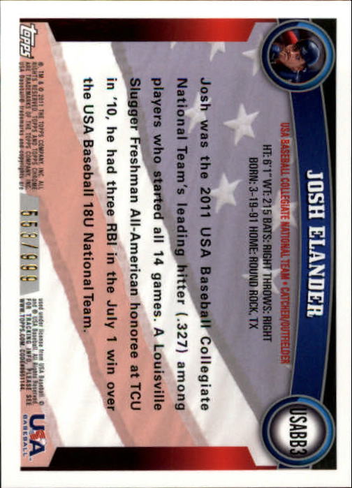 2011 Topps Chrome USA Baseball Refractors #USABB3 Josh Elander back image