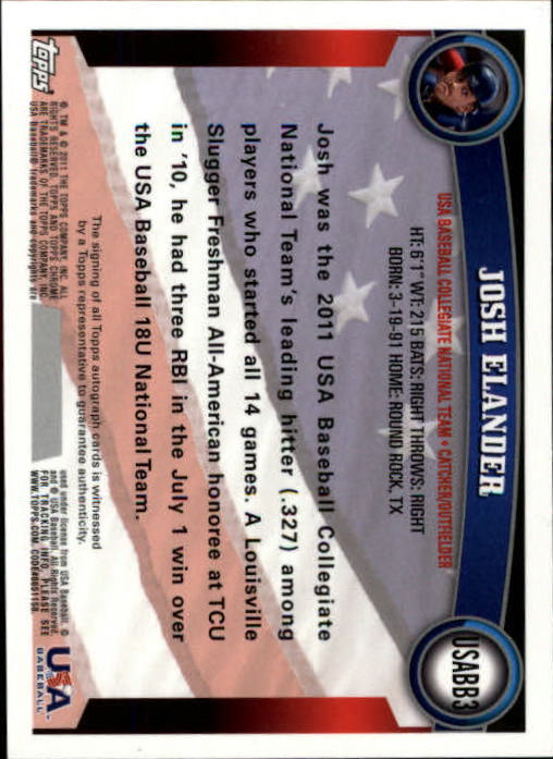 2011 Topps Chrome USA Baseball Autographs #USABB3 Josh Elander back image