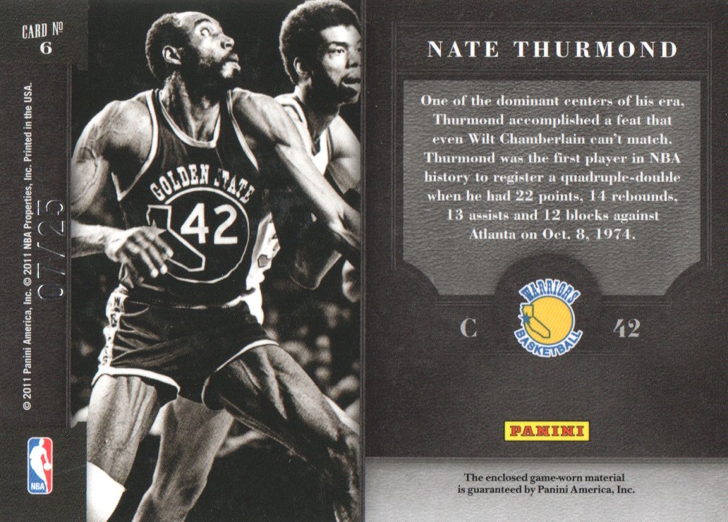 2010-11 Elite Black Box Elite Series Materials Prime #6 Nate Thurmond/25 back image