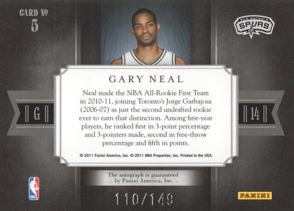 2010-11 Elite Black Box The Rookies Signatures #5 Gary Neal/149 back image
