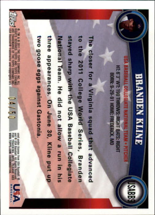 2011 Topps Chrome USA Baseball Gold Refractors #USABB9 Branden Kline back image