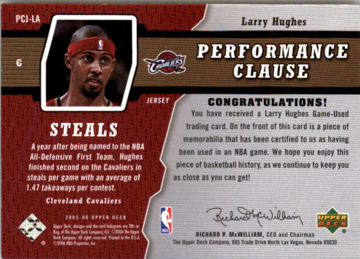 2005-06 Upper Deck Performance Clause Jerseys #LA Larry Hughes back image