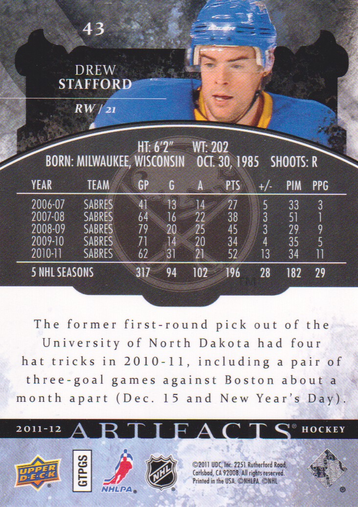 2011-12 Artifacts #43 Drew Stafford back image