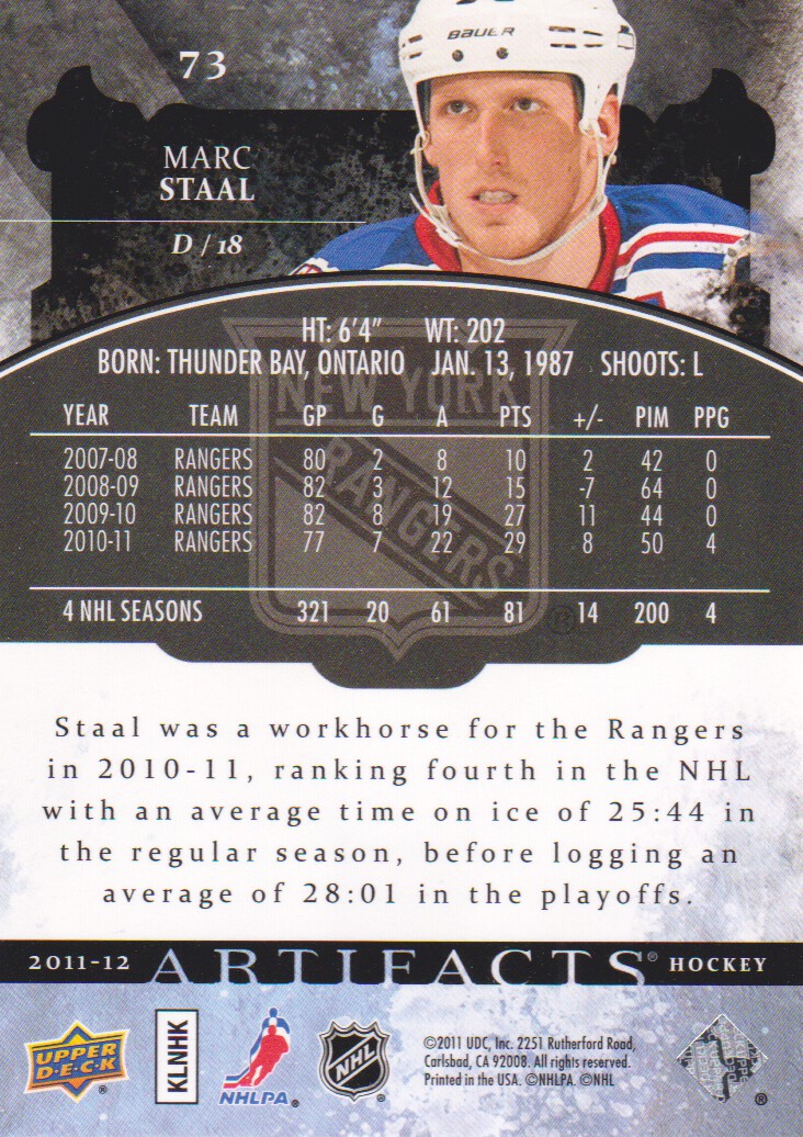 2011-12 Artifacts #73 Marc Staal back image