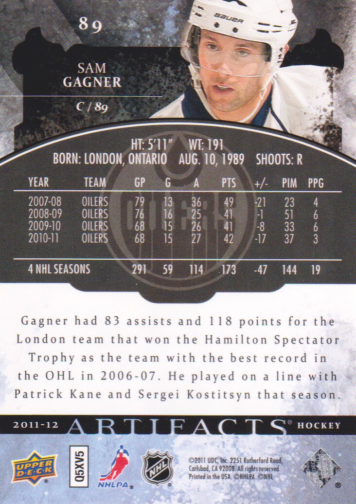 2011-12 Artifacts #89 Sam Gagner back image