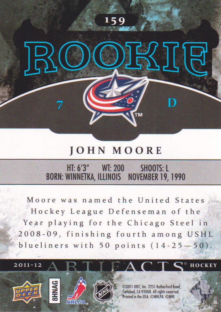 2011-12 Artifacts #159 John Moore RC back image