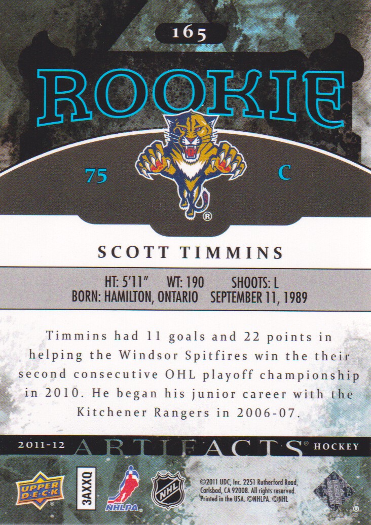 2011-12 Artifacts #165 Scott Timmins RC back image
