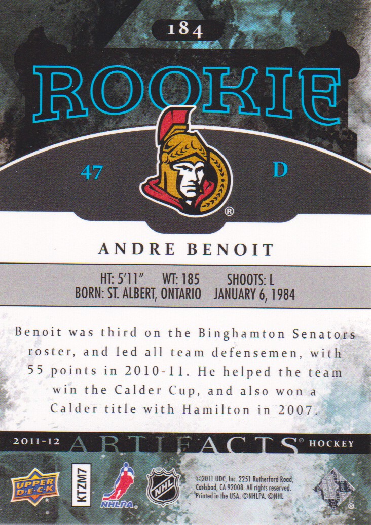 2011-12 Artifacts #184 Andre Benoit RC back image