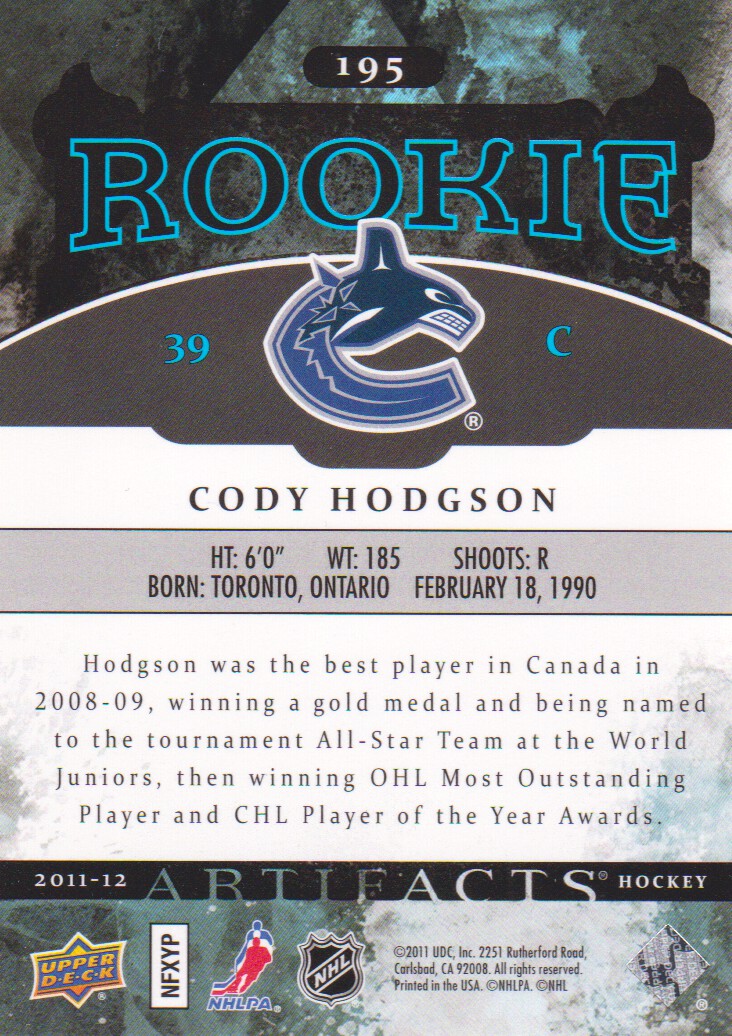2011-12 Artifacts #195 Cody Hodgson RC back image