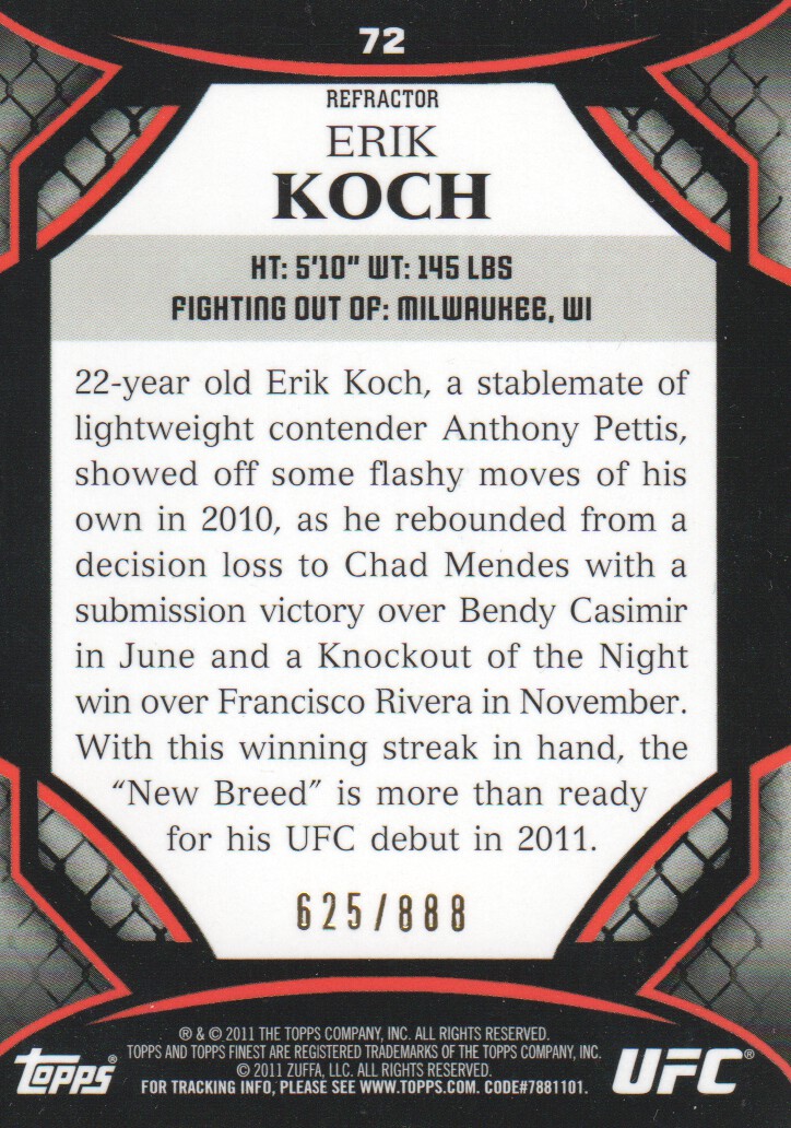 2011 Finest UFC Refractors #72 Erik Koch back image