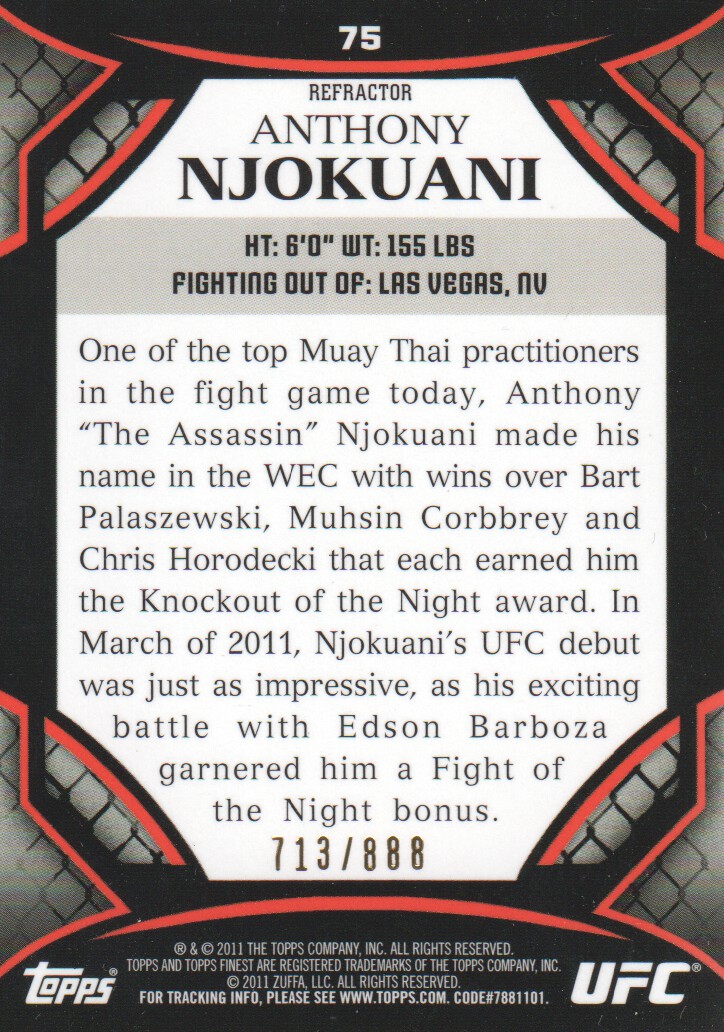 2011 Finest UFC Refractors #75 Anthony Njokuani back image