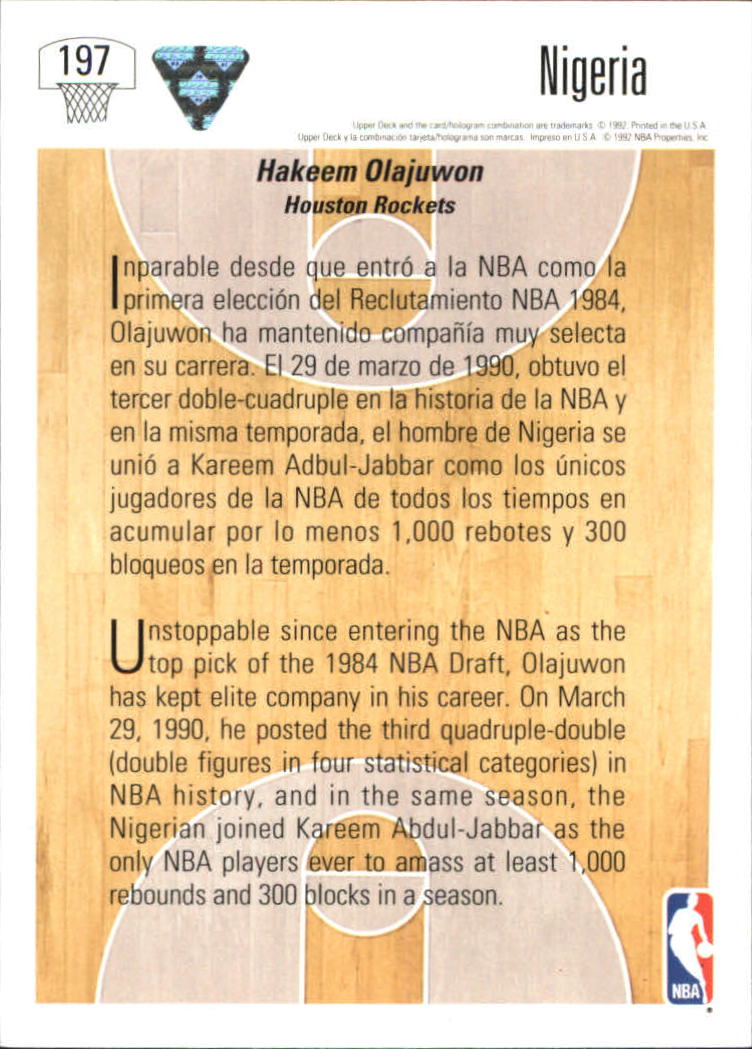 1991-92 Upper Deck International Spanish #197 Hakeem Olajuwon WS back image