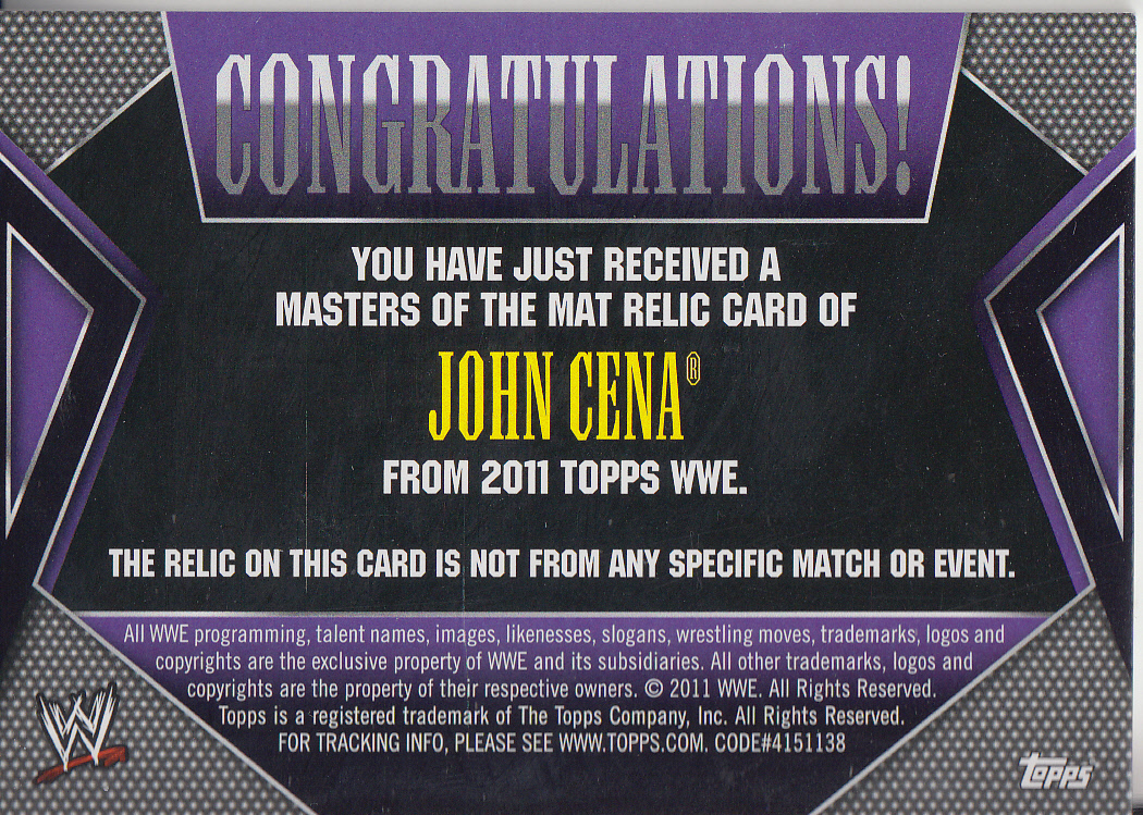 2011 Topps WWE Masters of the Mat Relics Gold #NNO John Cena back image