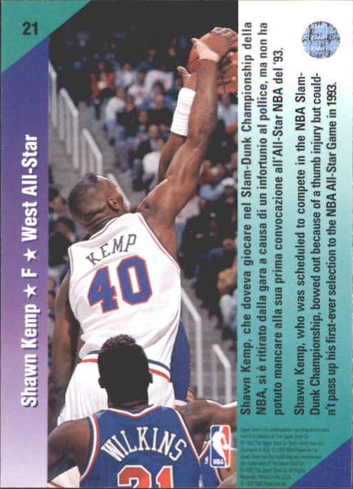 1992-93 Upper Deck International Italian #21 Shawn Kemp AS back image