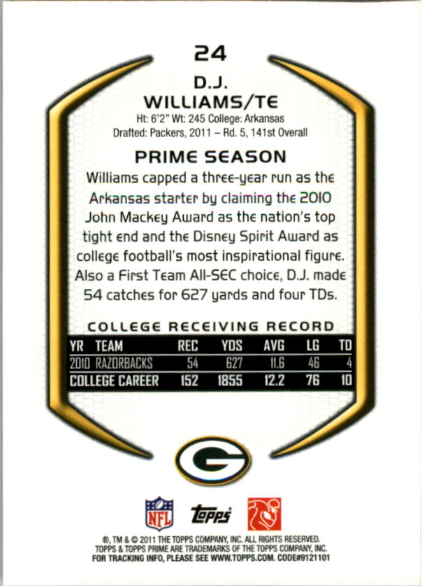 2011 Topps Prime #24 D.J. Williams RC back image