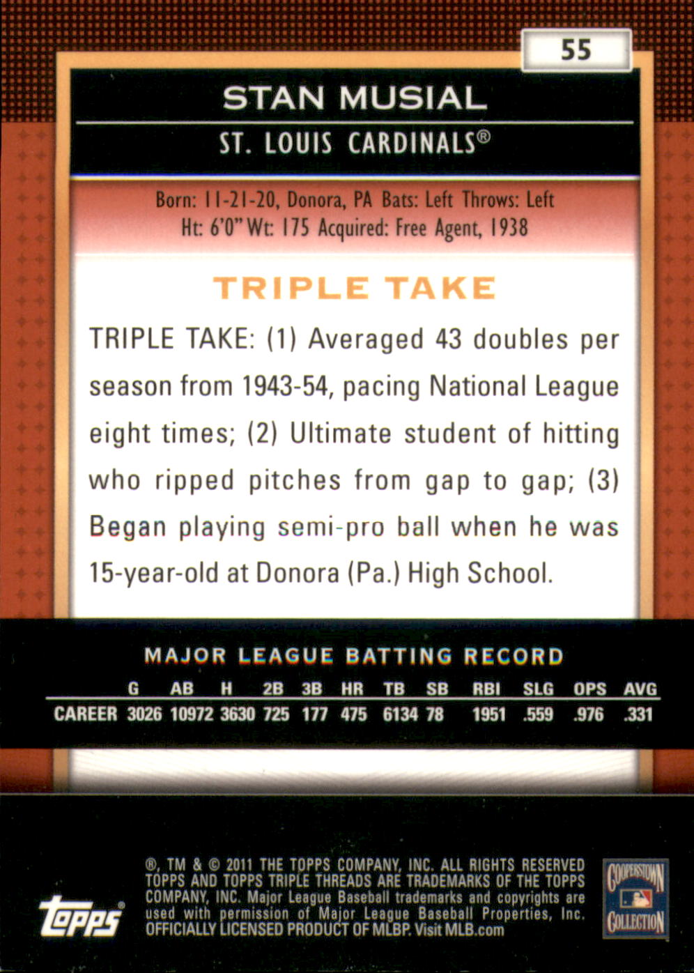 2011 Topps Triple Threads #55 Stan Musial back image