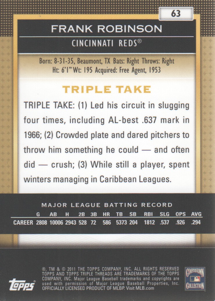 2011 Topps Triple Threads Gold #63 Frank Robinson back image