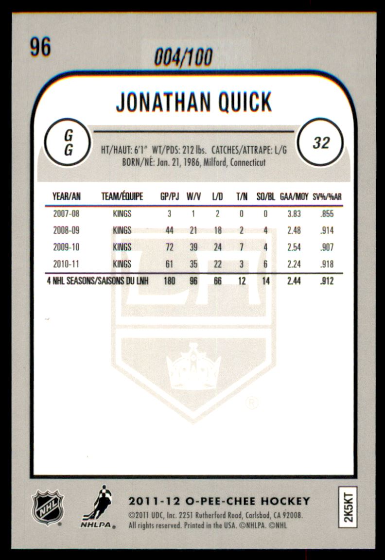 2011-12 O-Pee-Chee Black Rainbow #96 Jonathan Quick back image