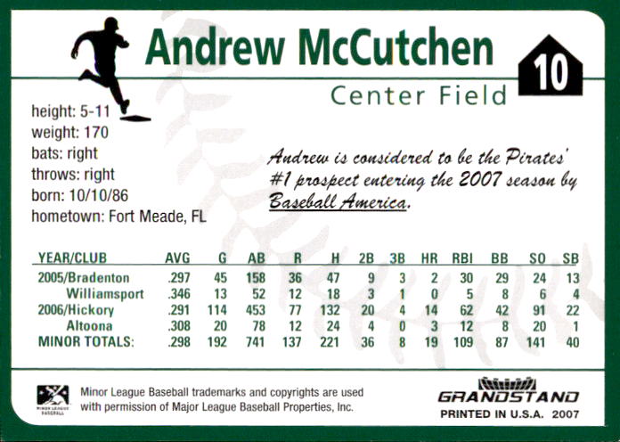 2007 Altoona Curve Grandstand #14 Andrew McCutchen back image