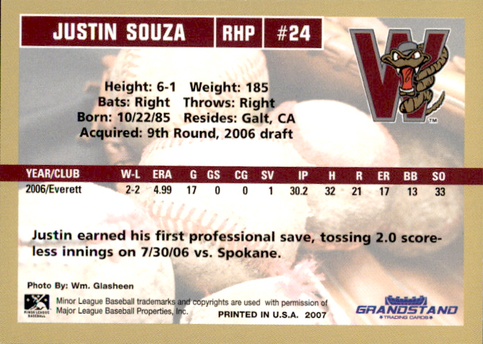 2007 Wisconsin Timber Rattlers Grandstand #23 Justin Souza back image