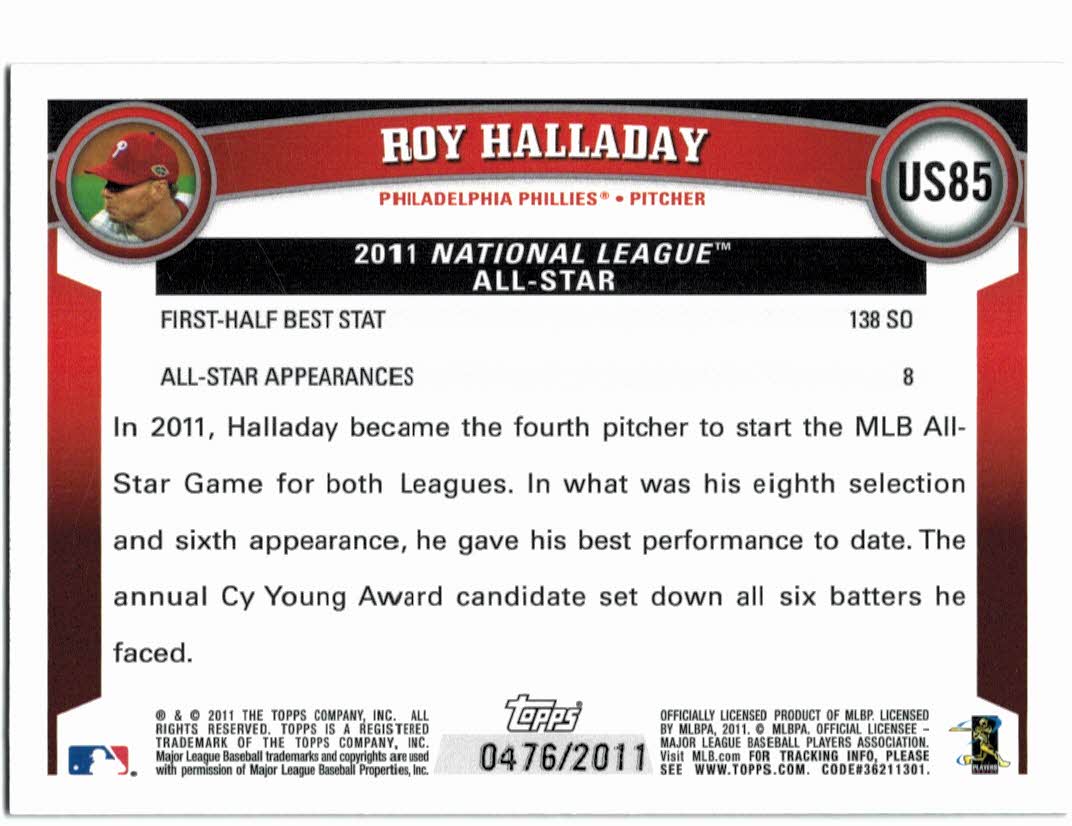 2011 Topps Update Gold #US85 Roy Halladay back image