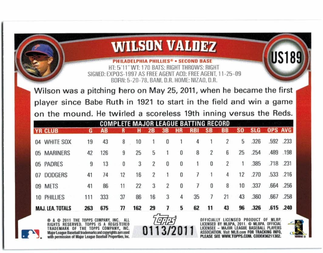 2011 Topps Update Gold #US189 Wilson Valdez back image