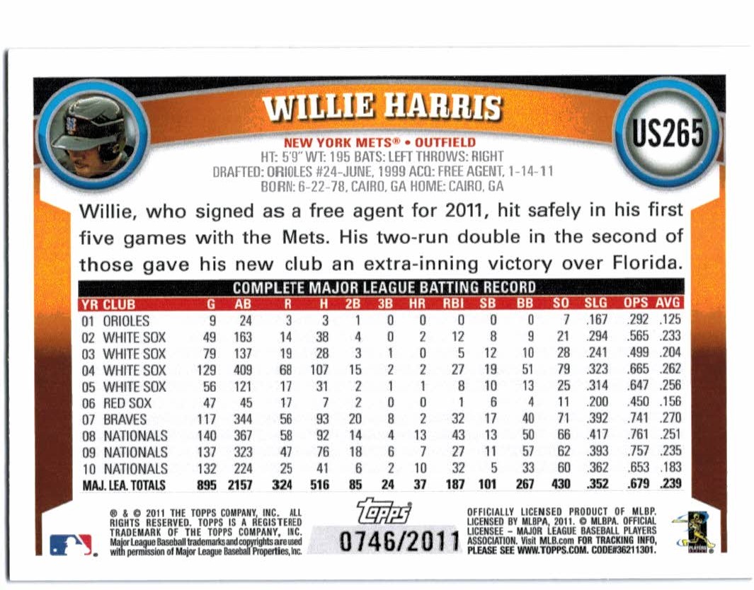 2011 Topps Update Gold #US265 Willie Harris back image