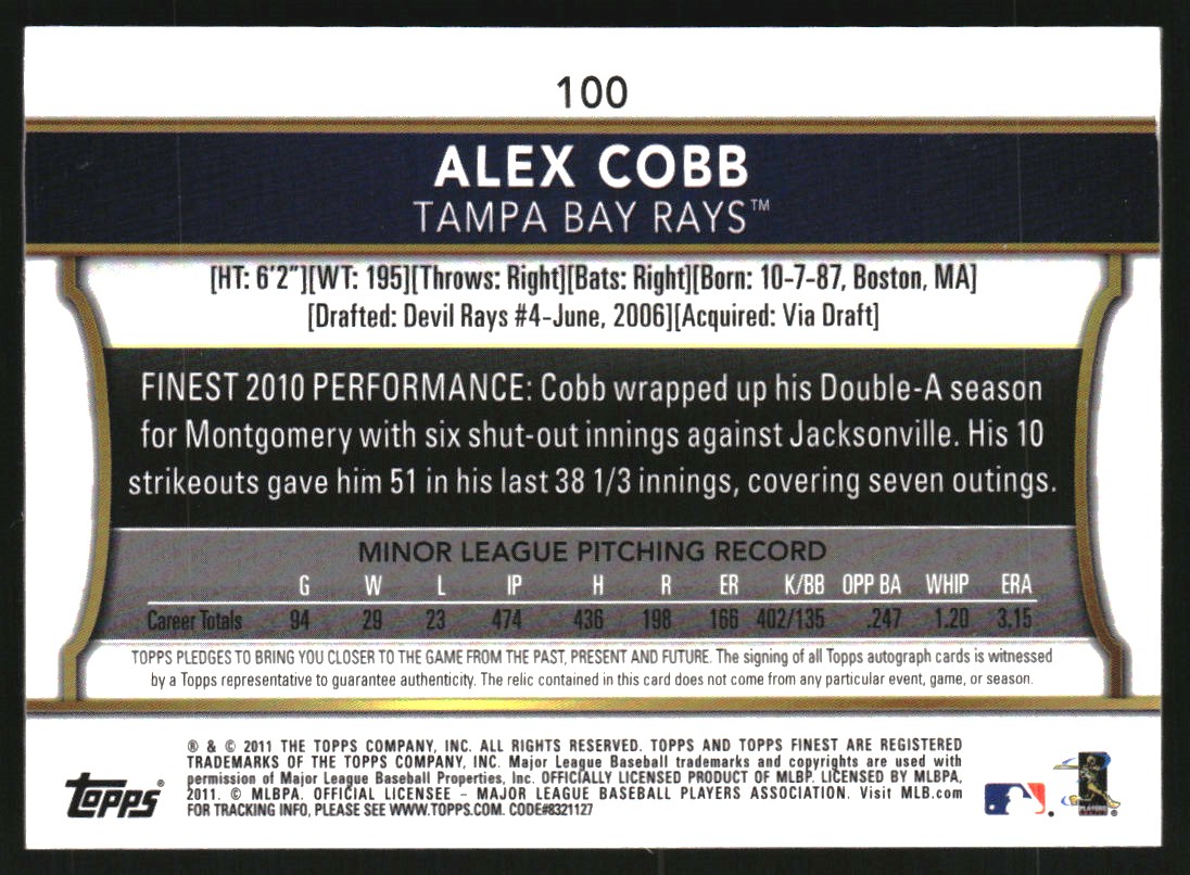 2011 Finest Rookie Dual Relic Autographs Framed Printing Plates Cyan #100 Alex Cobb back image