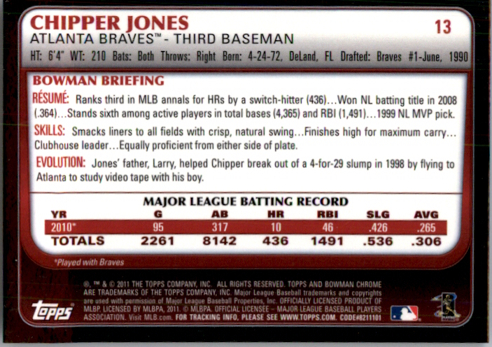 2011 Bowman Chrome #13 Chipper Jones back image