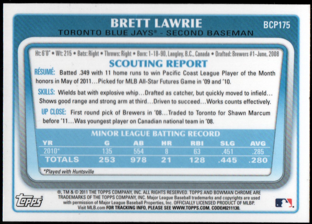 2011 Bowman Chrome Prospects #BCP175 Brett Lawrie back image