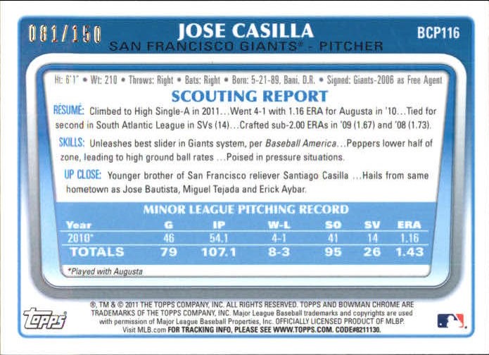 2011 Bowman Chrome Prospects Blue Refractors #BCP116 Jose Casilla back image