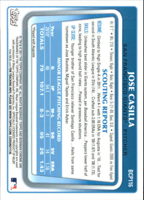 2011 Bowman Chrome Prospects Green X-Fractors #BCP116 Jose Casilla