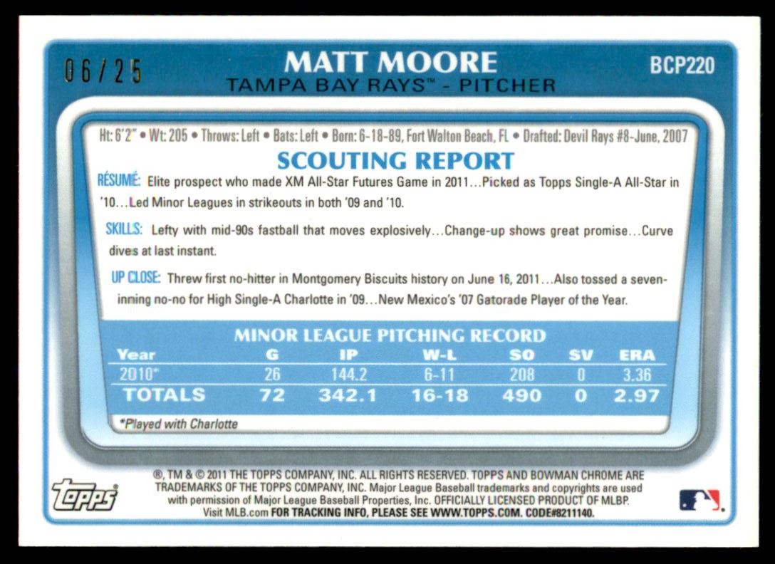 2011 Bowman Chrome Prospect Autographs Orange Refractors #BCP220 Matt Moore back image
