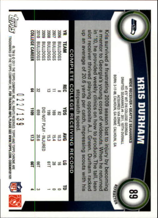 2011 Topps Chrome Crystal Atomic Refractors #89 Kris Durham
