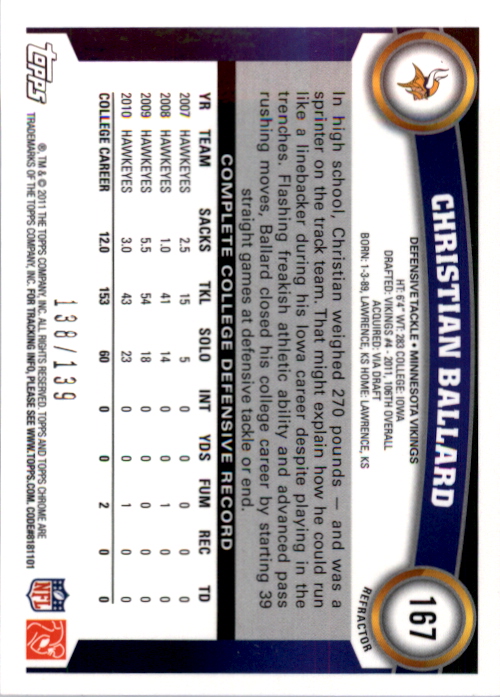 2011 Topps Chrome Crystal Atomic Refractors #167 Christian Ballard