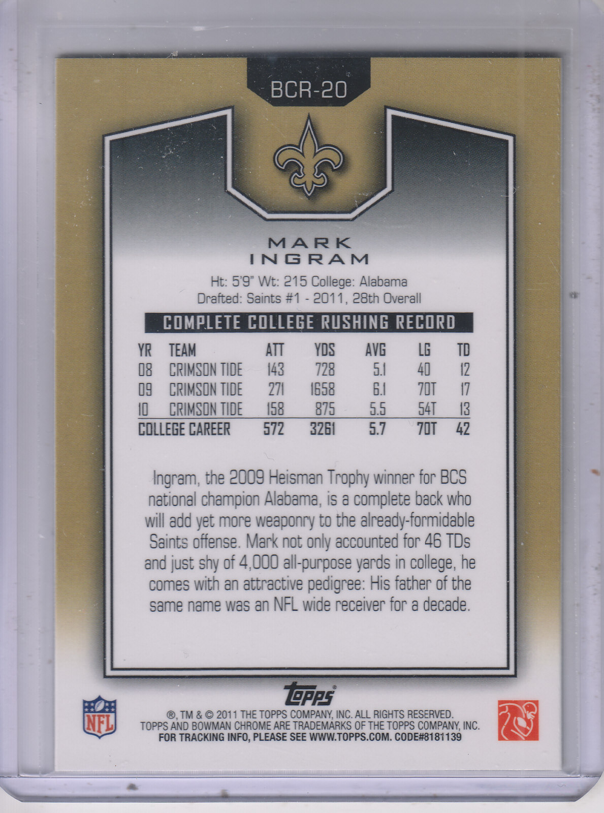 2011 Bowman Chrome Rookie Preview Inserts #BCR20 Mark Ingram back image