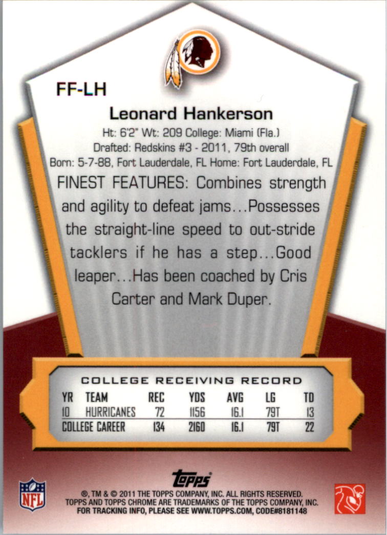 2011 Topps Chrome Finest Freshman Gold Refractors #FFLH Leonard Hankerson back image