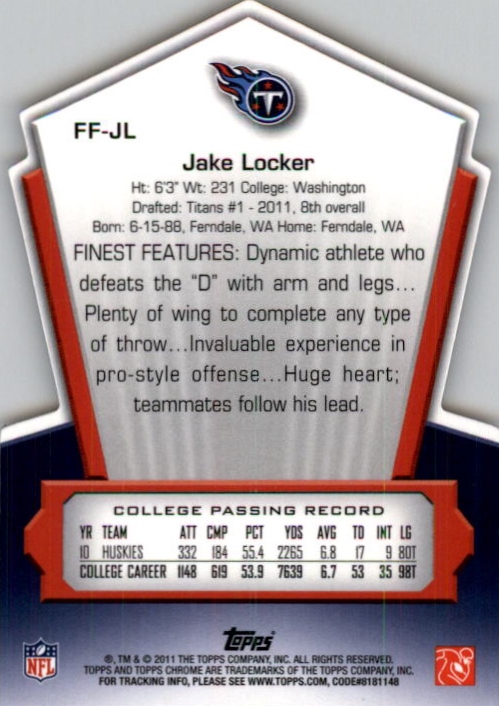 2011 Topps Chrome Finest Freshman Crystal Atomic Refractors #FFJL Jake Locker