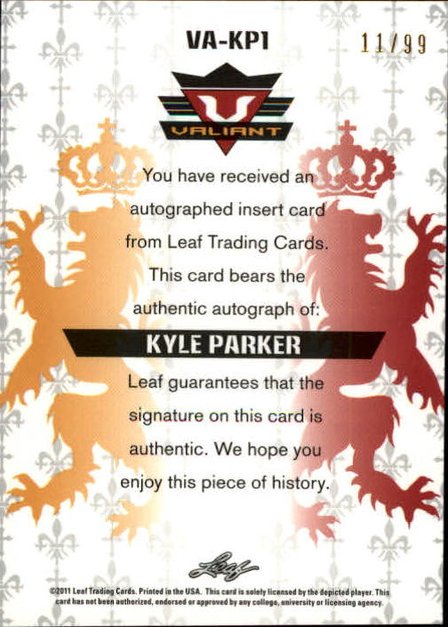 2011 Leaf Valiant Draft Blue #KP1 Kyle Parker back image