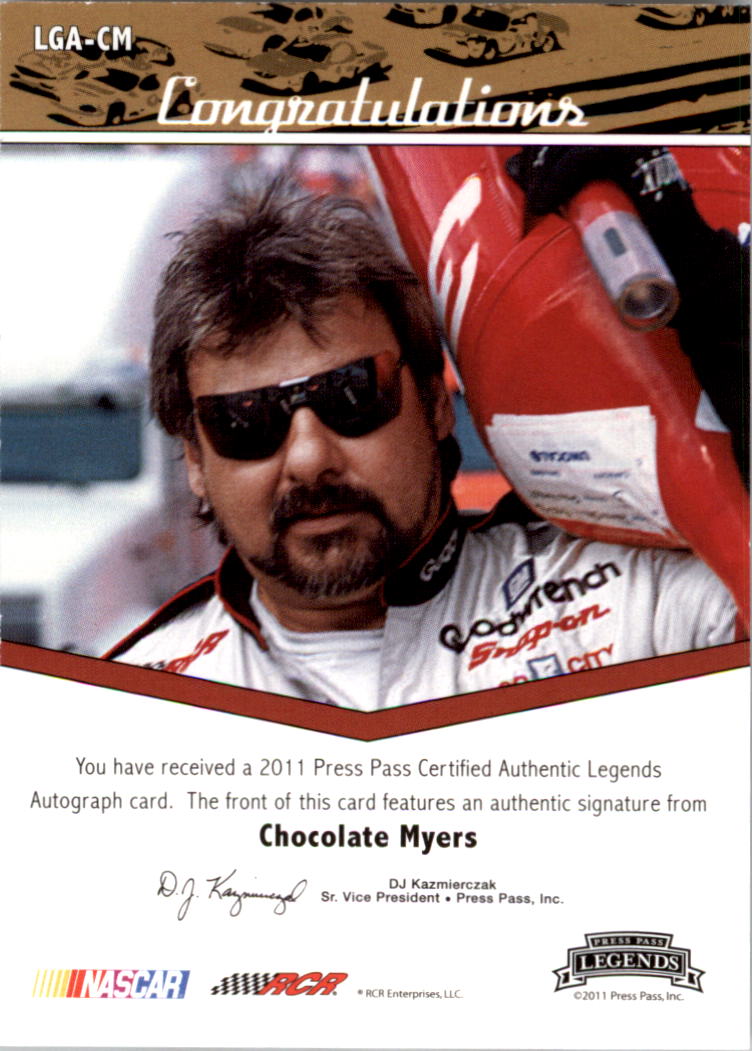 2011 Press Pass Legends Autographs Gold #LGACM Chocolate Myers/99 back image