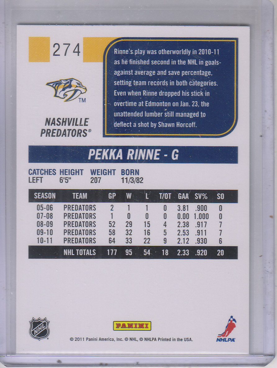 2011-12 Score Gold #274 Pekka Rinne back image