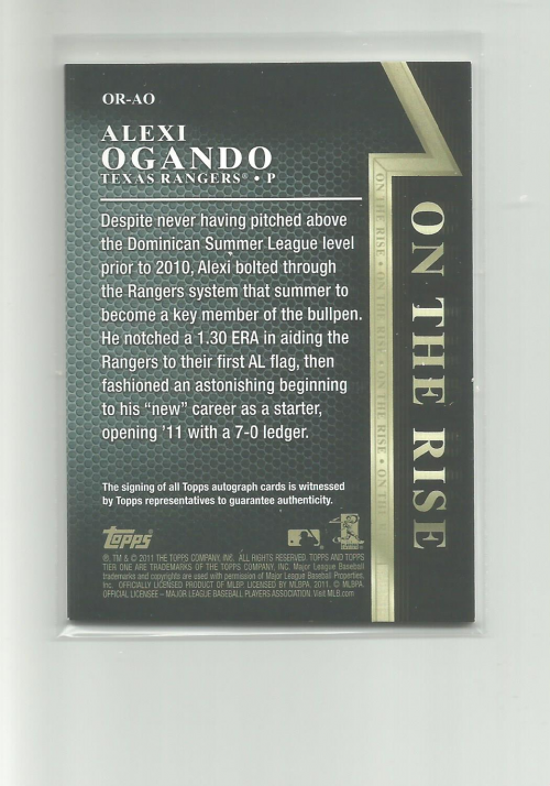2011 Topps Tier One On The Rise Autographs #AO Alexi Ogando/999 back image