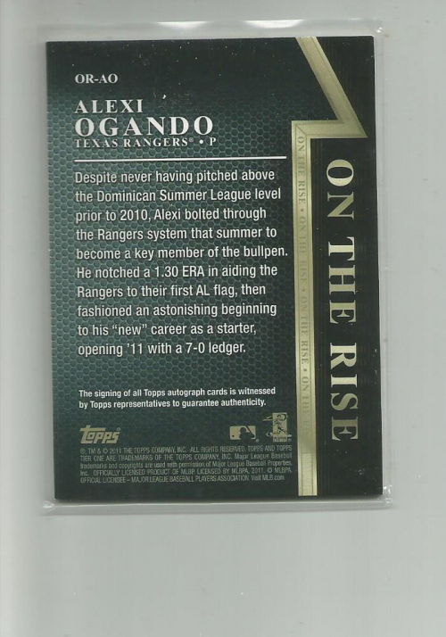 2011 Topps Tier One On The Rise Autographs #AO Alexi Ogando/999 back image