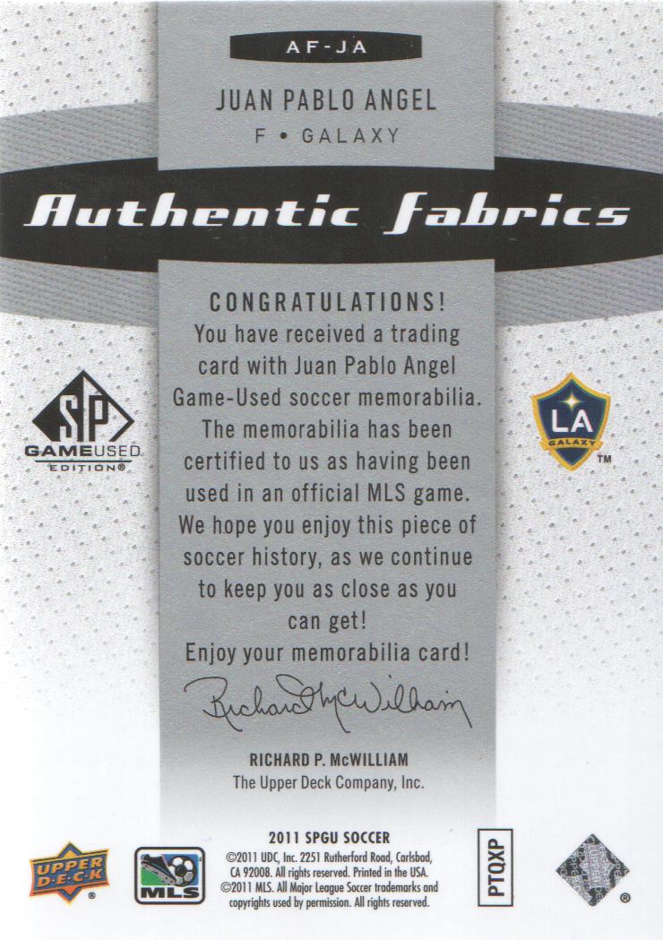 2011 SP Game Used Authentic Fabrics #JA Juan Pablo Angel D back image