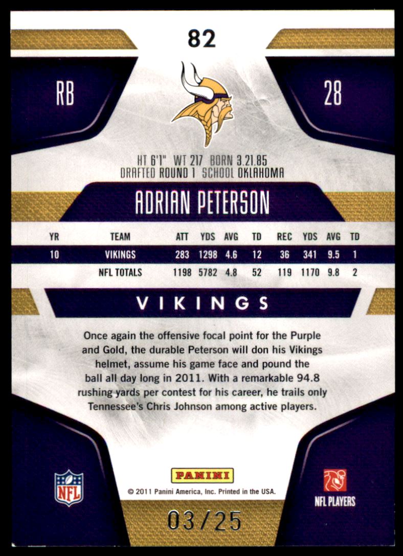 2011 Certified Platinum Gold #82 Adrian Peterson back image