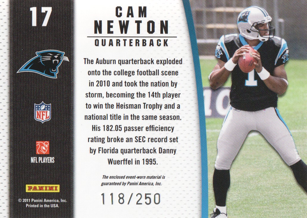 2011 Certified Shirt Off My Back Materials #17 Cam Newton/250 back image