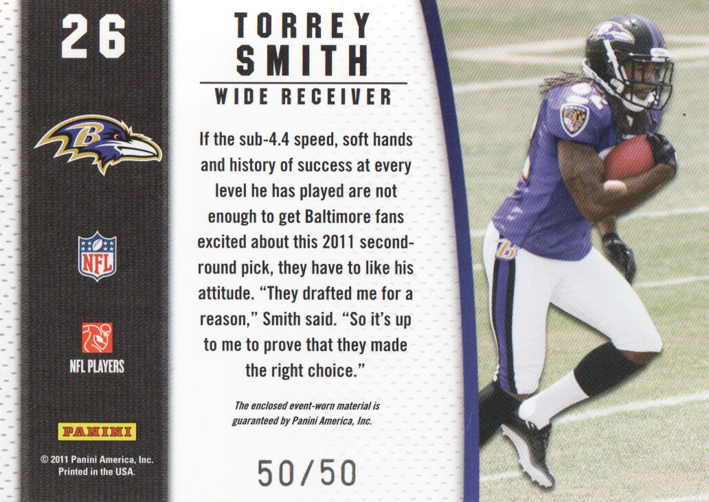 2011 Certified Shirt Off My Back Materials Prime #26 Torrey Smith back image