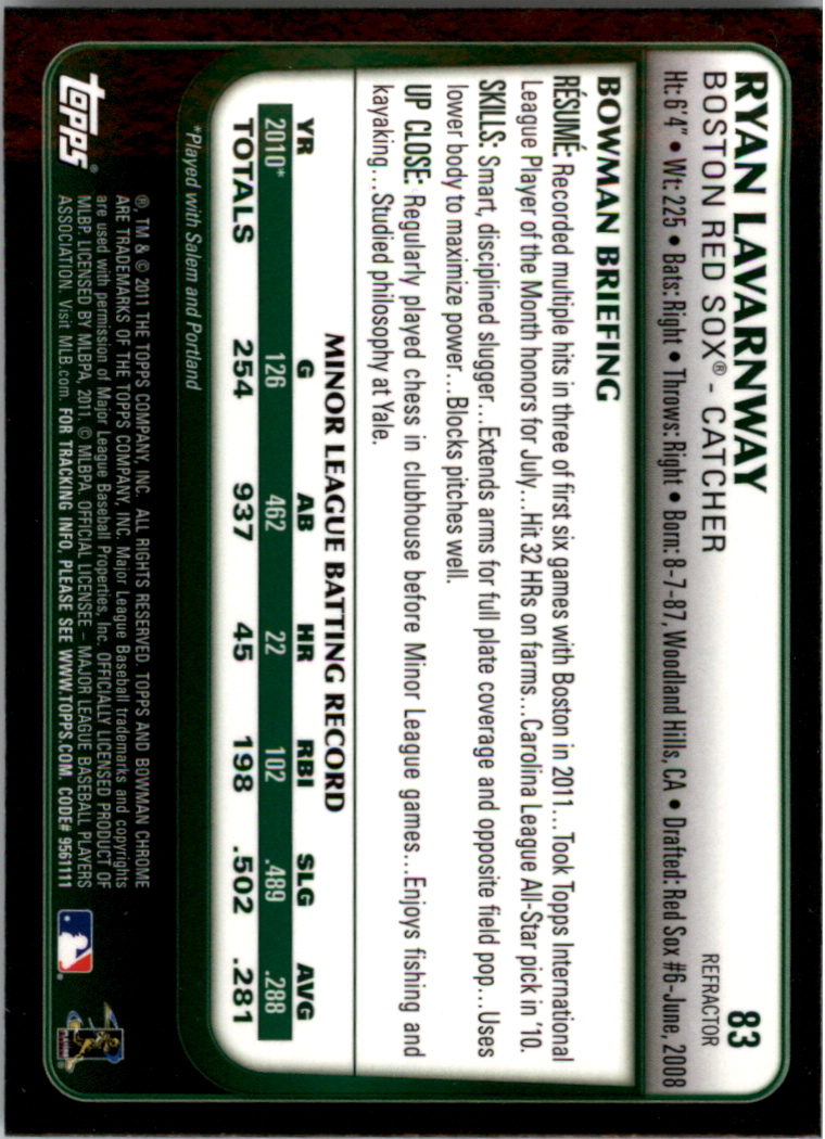 2011 Bowman Chrome Draft Refractors #83 Ryan Lavarnway back image