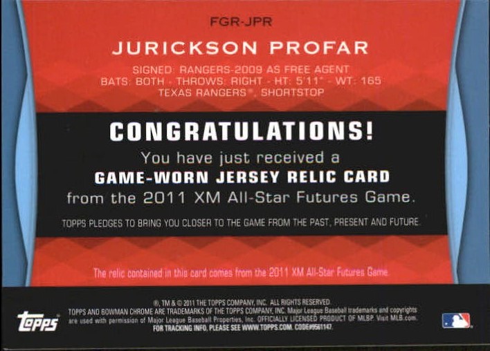 2011 Bowman Draft Future's Game Relics #JPR Jurickson Profar back image