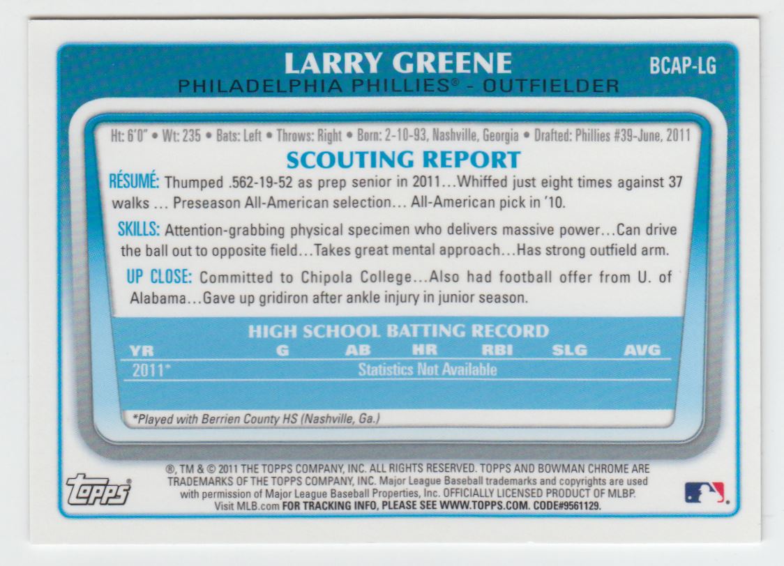2011 Bowman Chrome Draft Prospect Autographs Refractors #LG Larry Greene